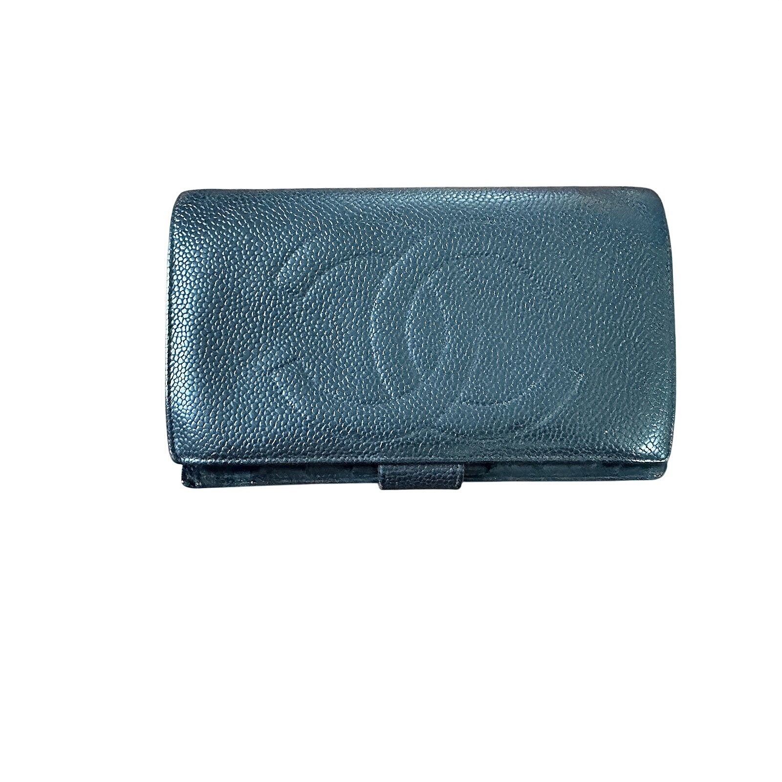Chanel Vintage Black Caviar Leather Cc Logo Long Bifold Wallet Gold Hardware